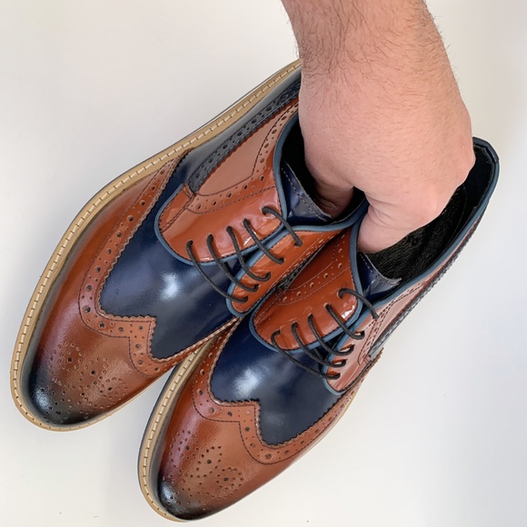 Brown-Navy Blue Wingtip Oxford Leather Dress Shoe main image 7